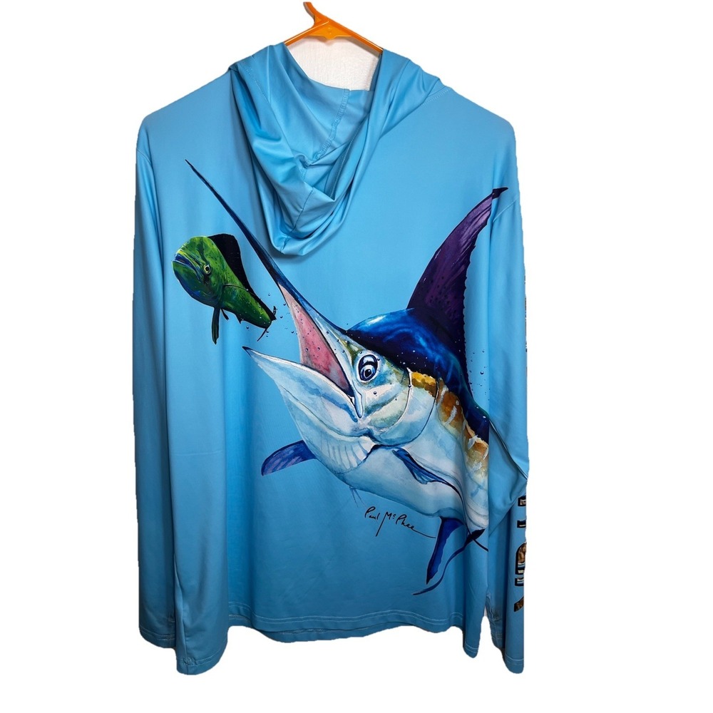Tormenter SPF 50 Ocean Fish Wrap Performance Hoodie in Marlin Hunt Blue Signed